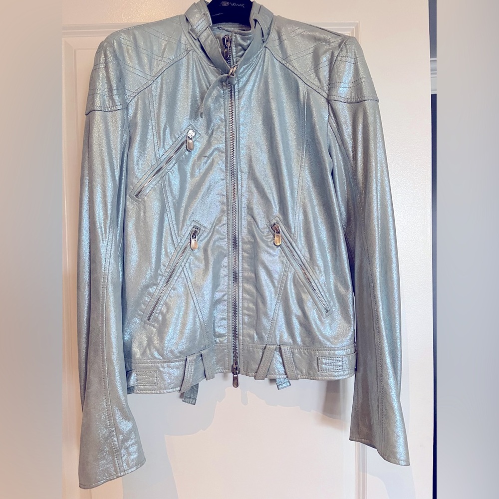 SOLD! Versace Pale Blue Metallic Lambskin Moto Jacket